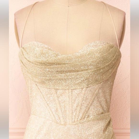 Cinderella Divine Champagne Sparkly Corset Dress with High Leg Slit - Picture 5 of 7